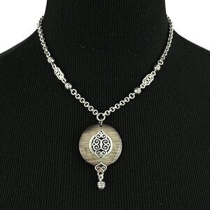 BRIGHTON Geneva necklace - brown shell pendant 17" silver-tone chain round disk